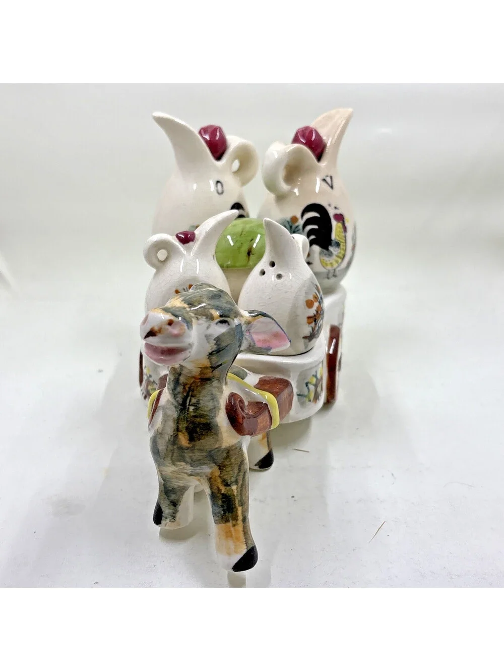 Vtg Ceramic Art Donkey Wagon Cart Condiment Caddy Figurine Rooster Farmhouse